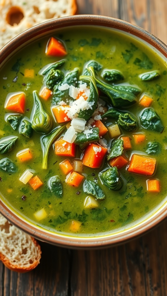 A nourishing bowl of spinach and kale soup with carrots and Parmesan cheese, served with crusty bread.